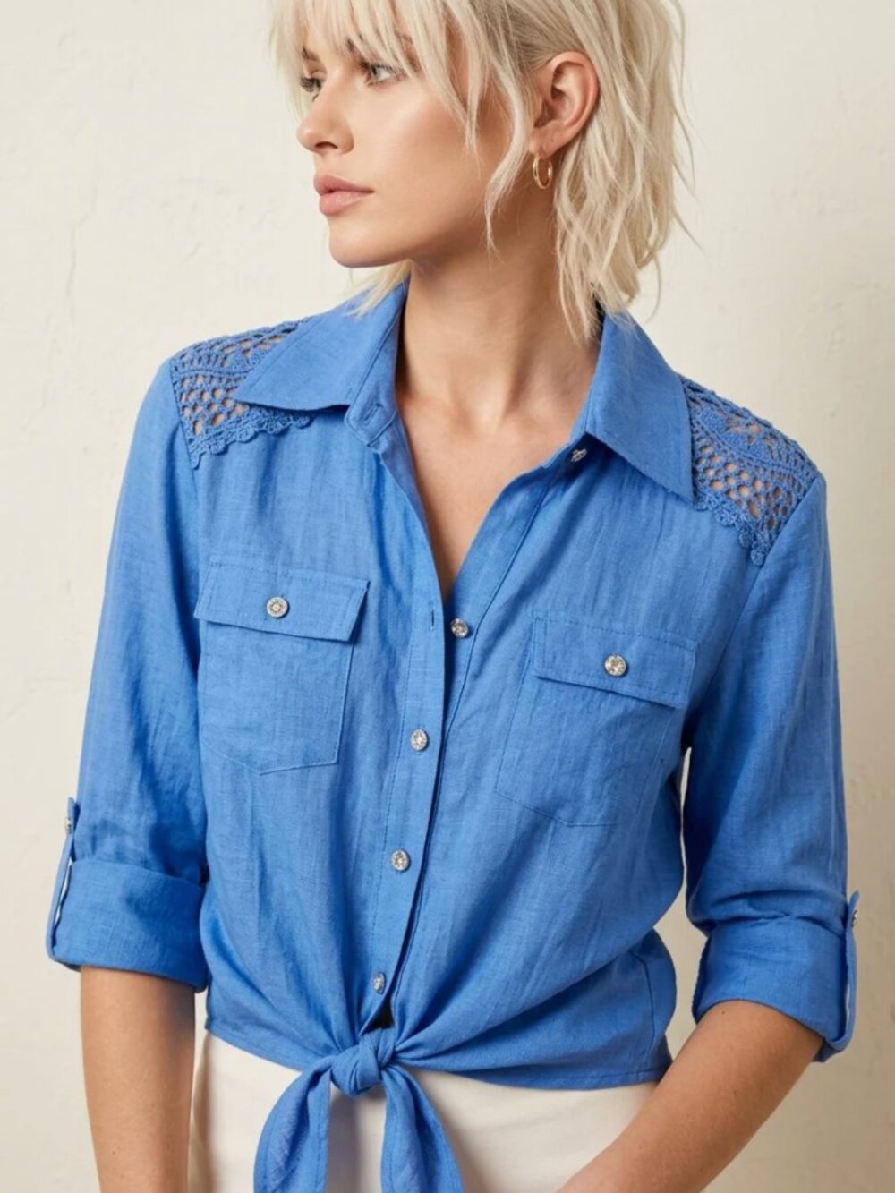 NWT Cobalt Blue Crochet Lace Blouse Rhinestone Button Tie Front Top Boutique